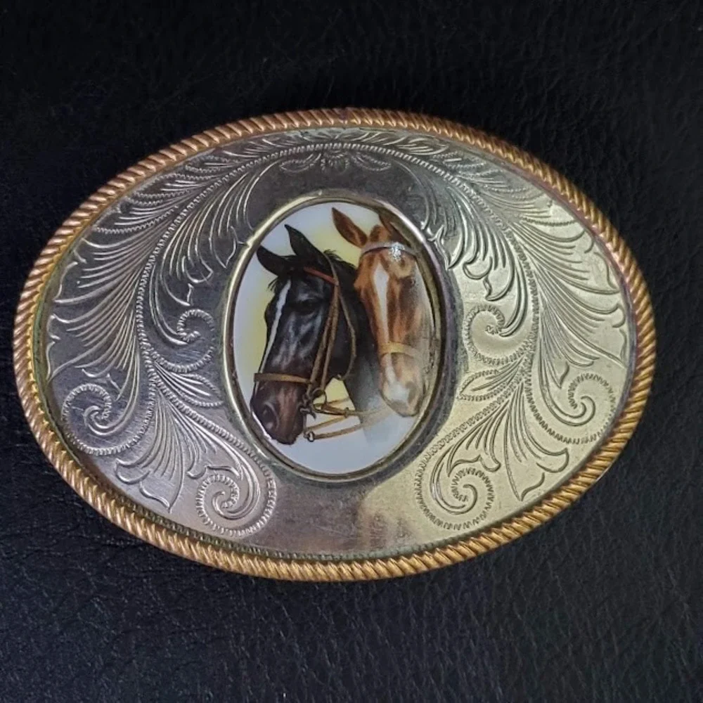 Vintage German Silver Oval Belt Buckle Western Horse Portrait Scroll Engraved